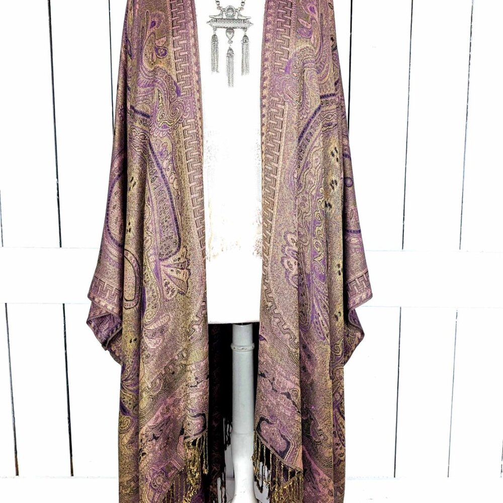 Purple tribal paisley pashmina kimono cover up - Picture 2 of 7